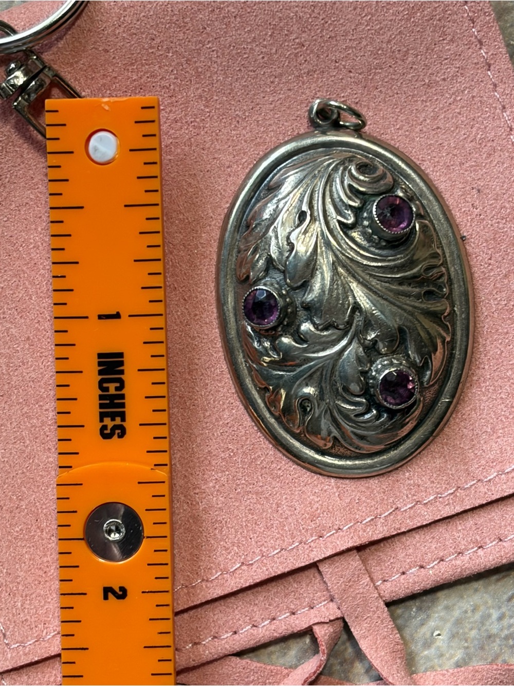 Art Nouveau Antique Leaf Foliage With Purple Paste Stones Large Oval Pendant - Picture 3 of 13
